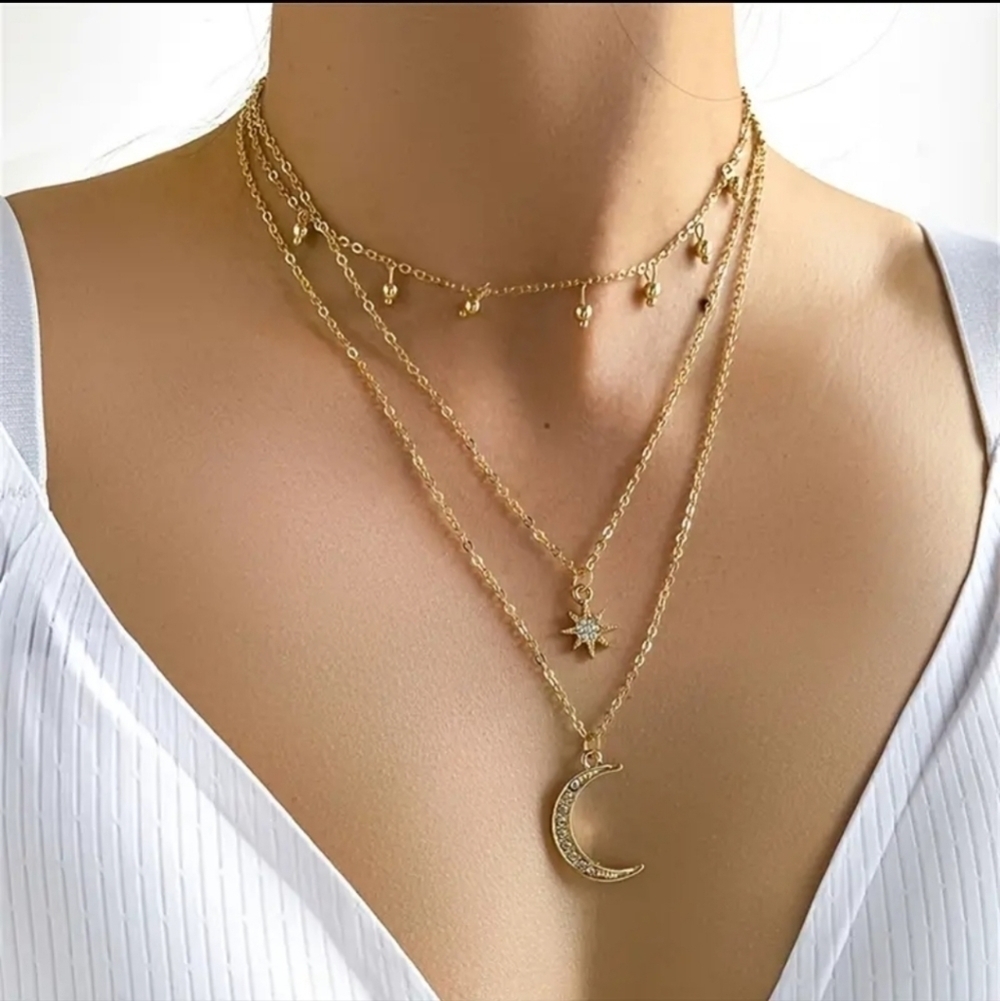 Round Bead Tassel Pendant Star Moon Necklace